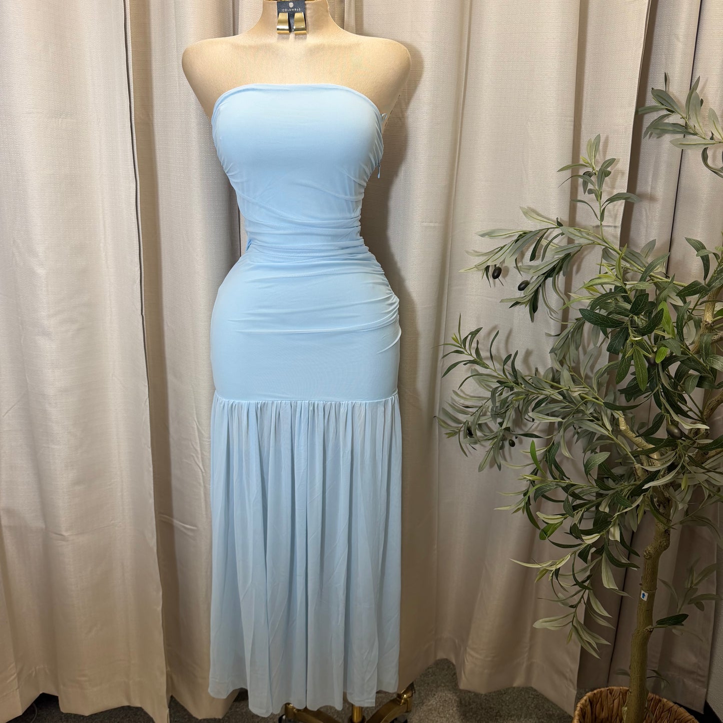 STRAPLESS RUCHED BODICE DROP WAIST MAXI DRESS-Baby Blue