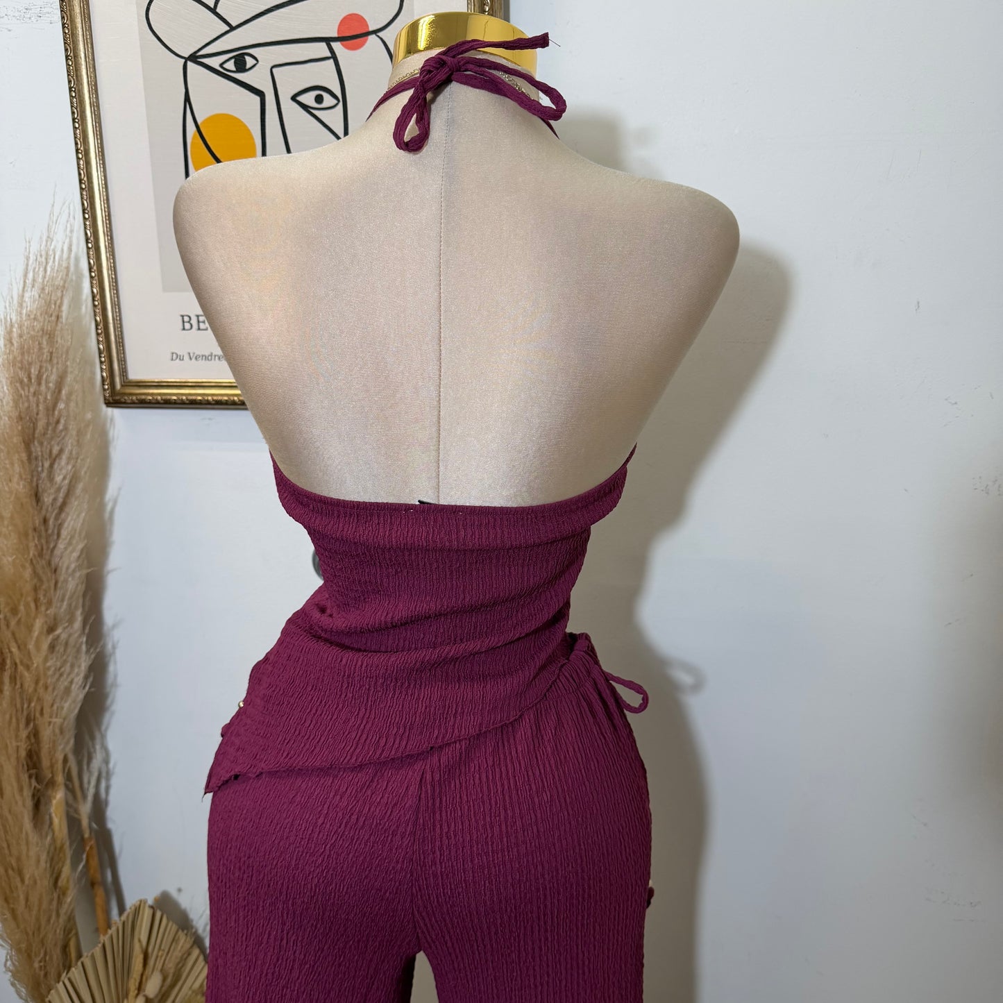 Asymmetrical hem Halter Top Wide leg Set-Berry