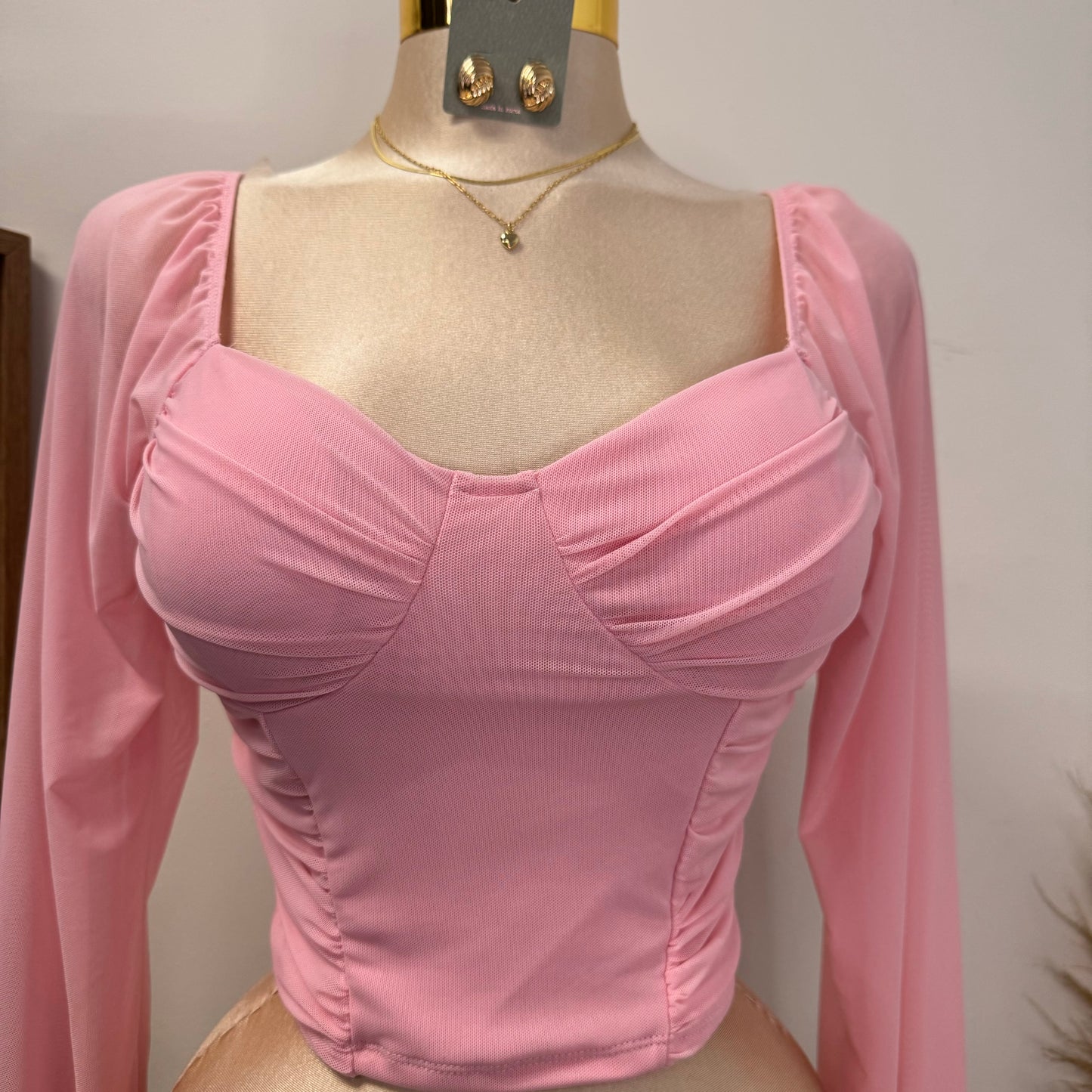 Mesh Long Sleeve Padded Bust Top-Pink