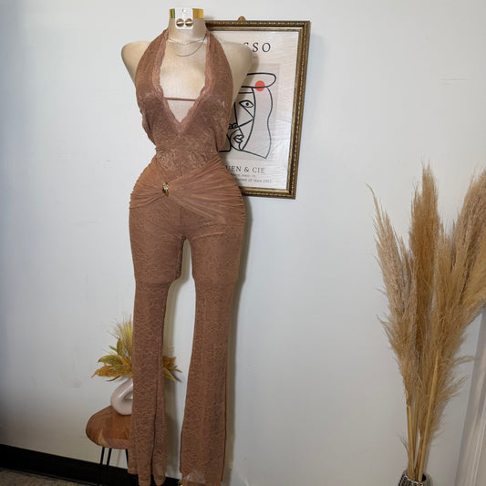 Halter Lace Jumpsuit Gold Detail-Brown