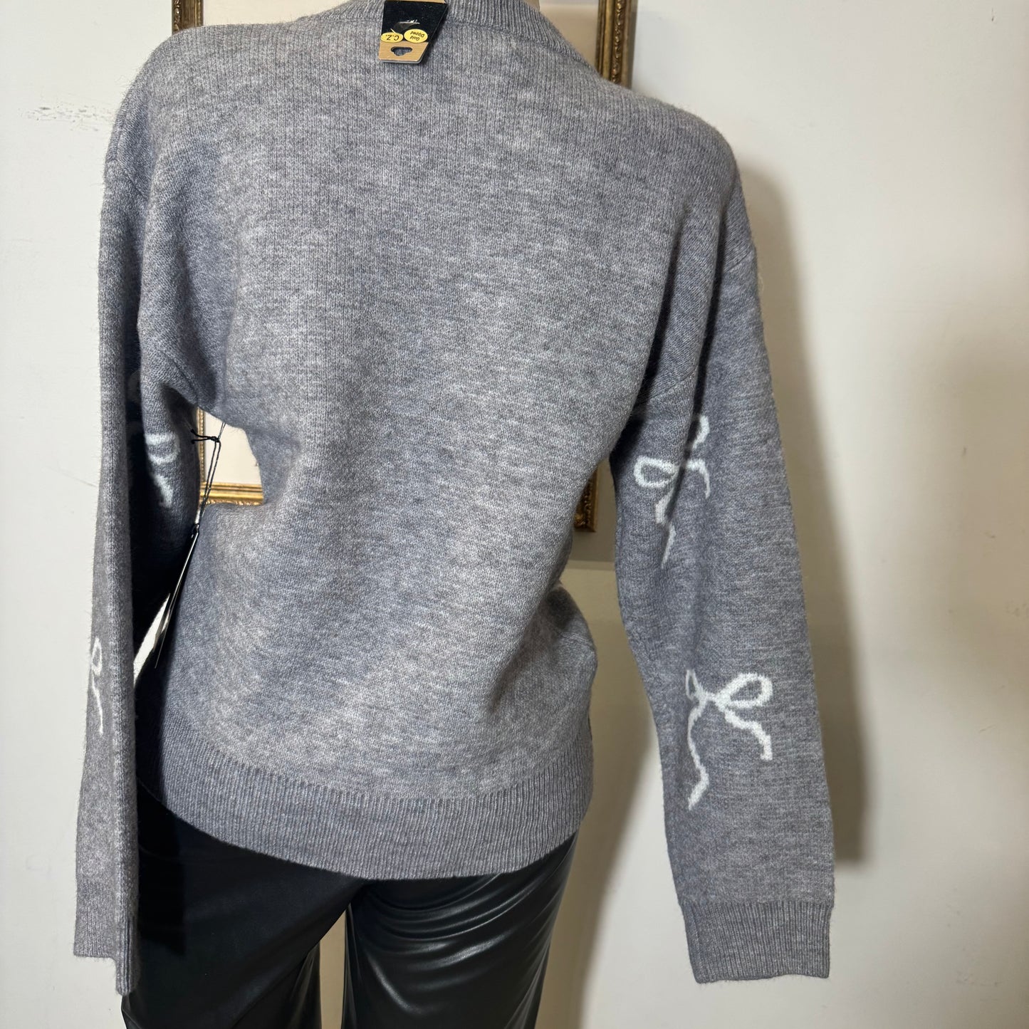 Bow Round Neck Sweater Top-Heather Grey