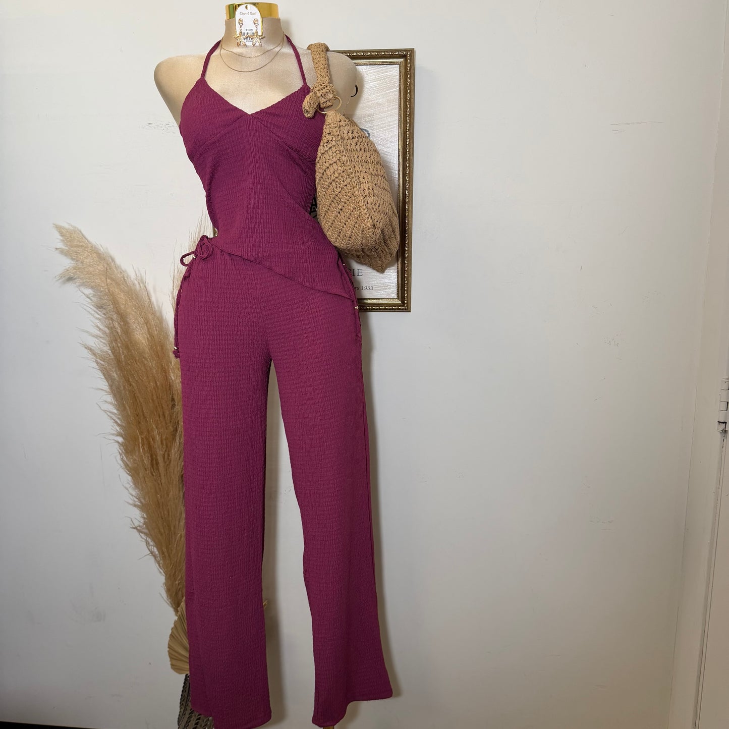Asymmetrical hem Halter Top Wide leg Set-Berry