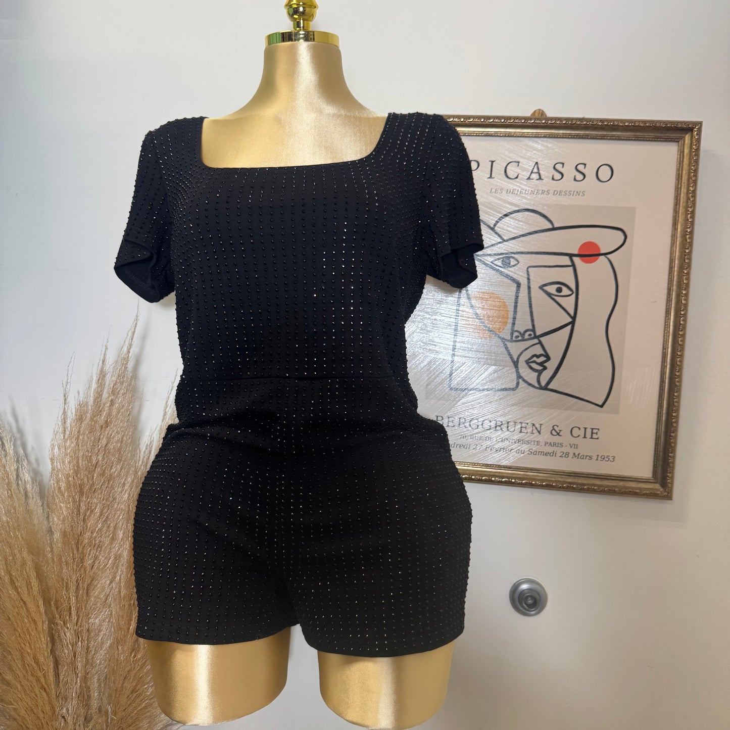 PL Shorts Sleeve Rhinestone Romper-Black