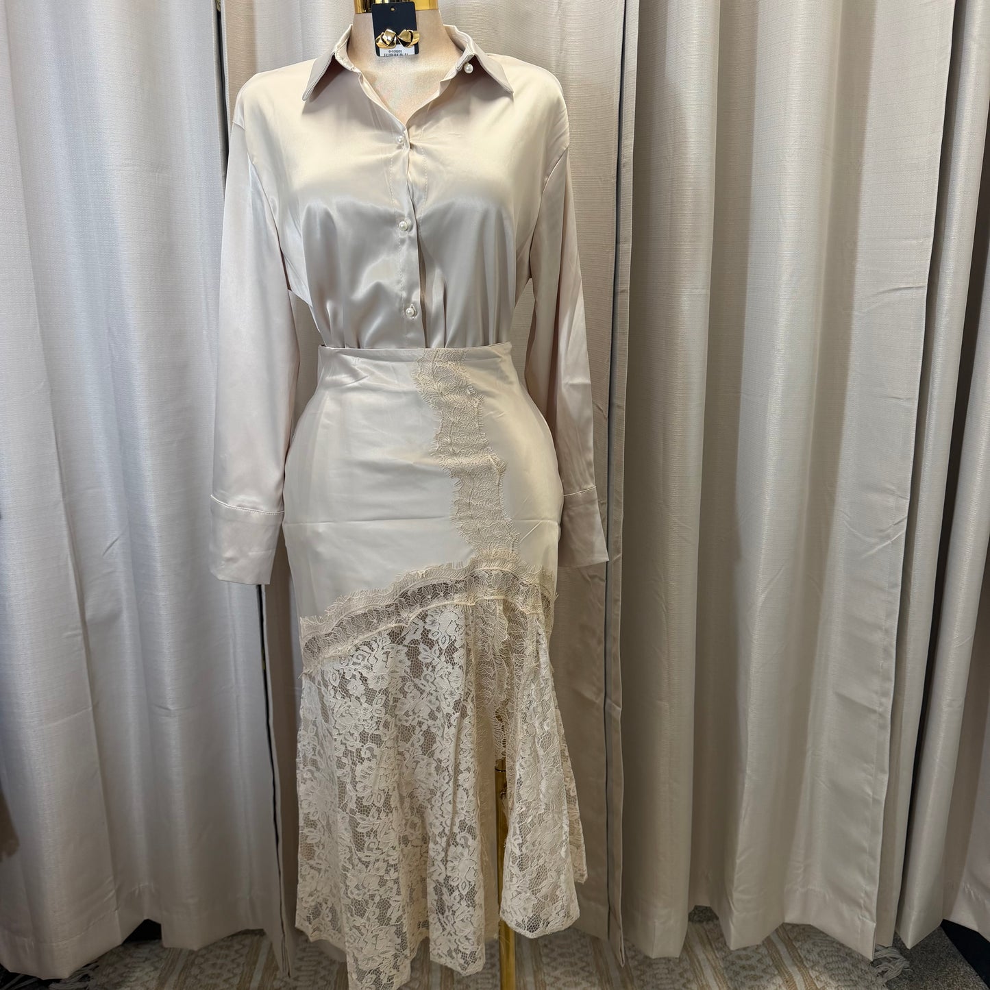 Satin Long Sleeve Top with Lace Skirt-Beige/Cream/White