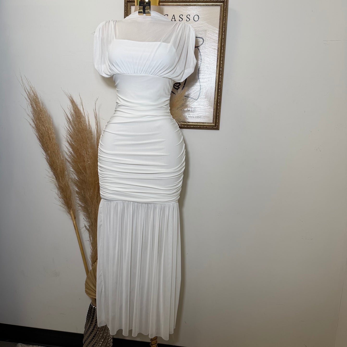 Mesh & Knit Mix Long Dress-Ivory