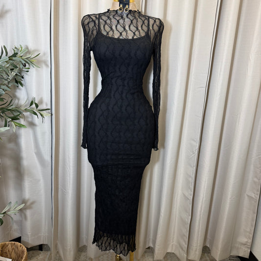 Lace Long Sleeve Maxi  Dress-Black