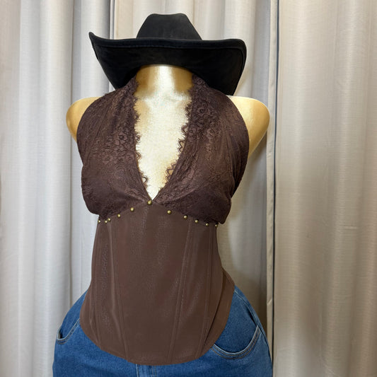 PL Leather Halter Corset Top-Brown