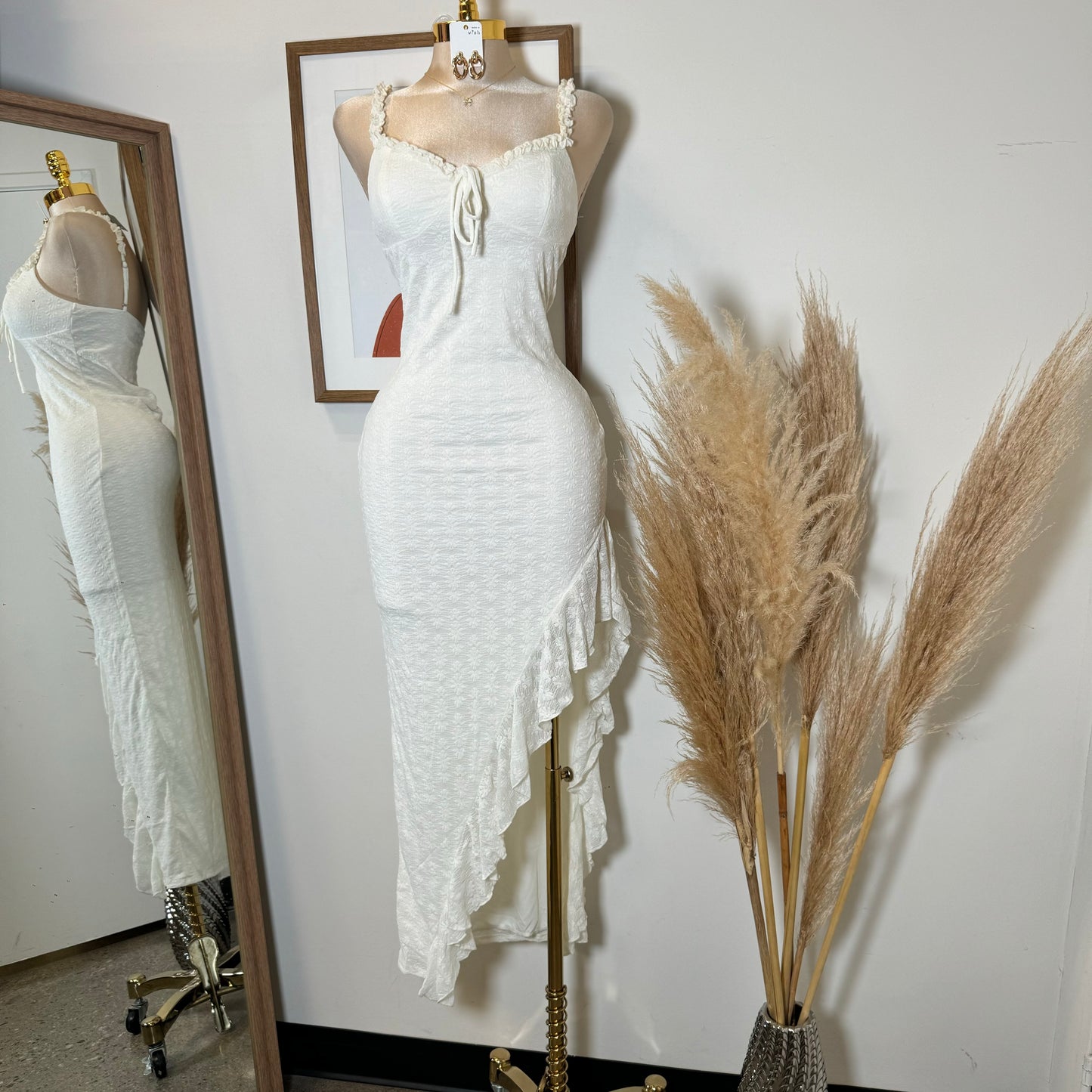 Daisy Asymmetric Skirt Midi Dress-White