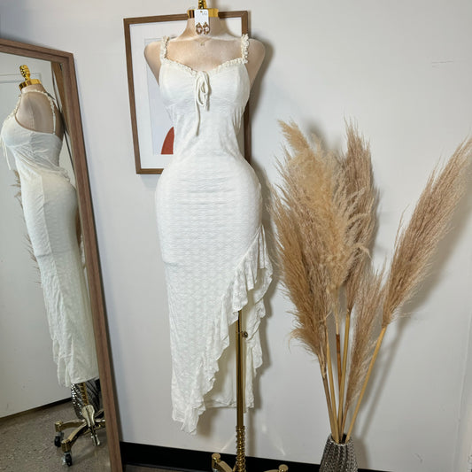 Daisy Asymmetric Skirt Midi Dress-White