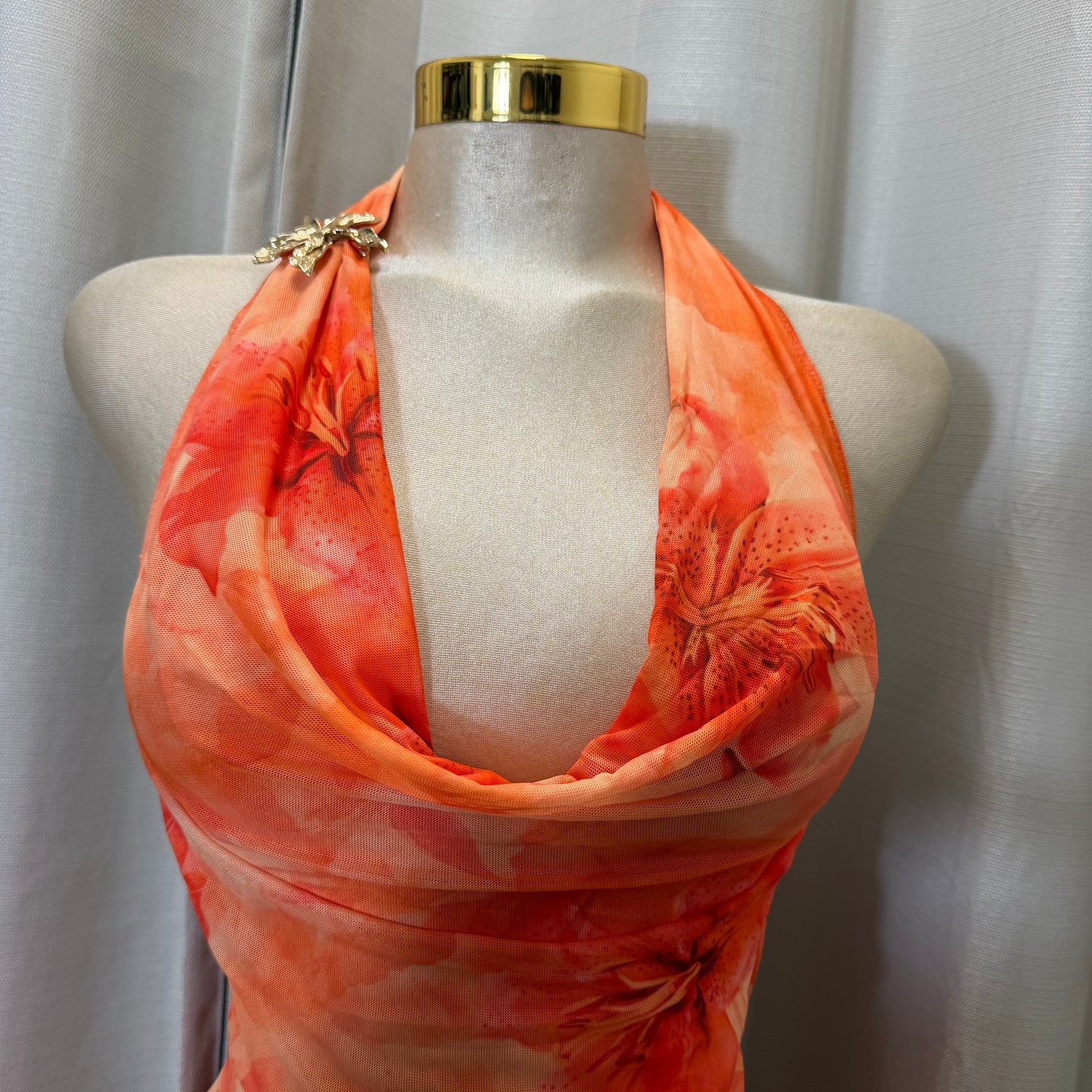 Halter Cowl Neck Flower Dress-Orange