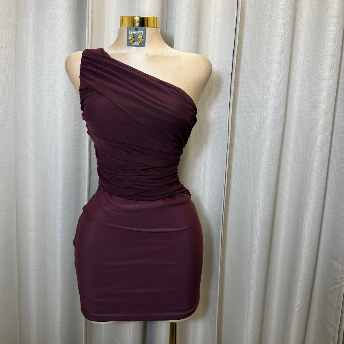 Nylon Yoga Knit with Mesh one shoulder Draped Bodycon Mini dress-Plum