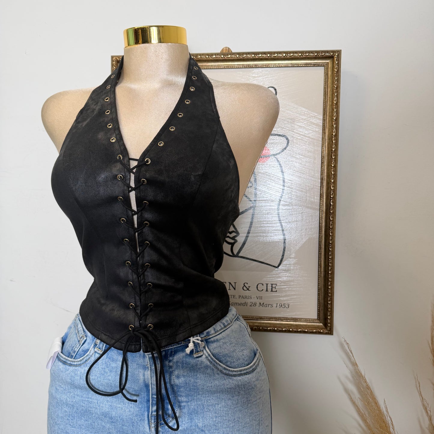 Tie Front Suede Crop Top-Black