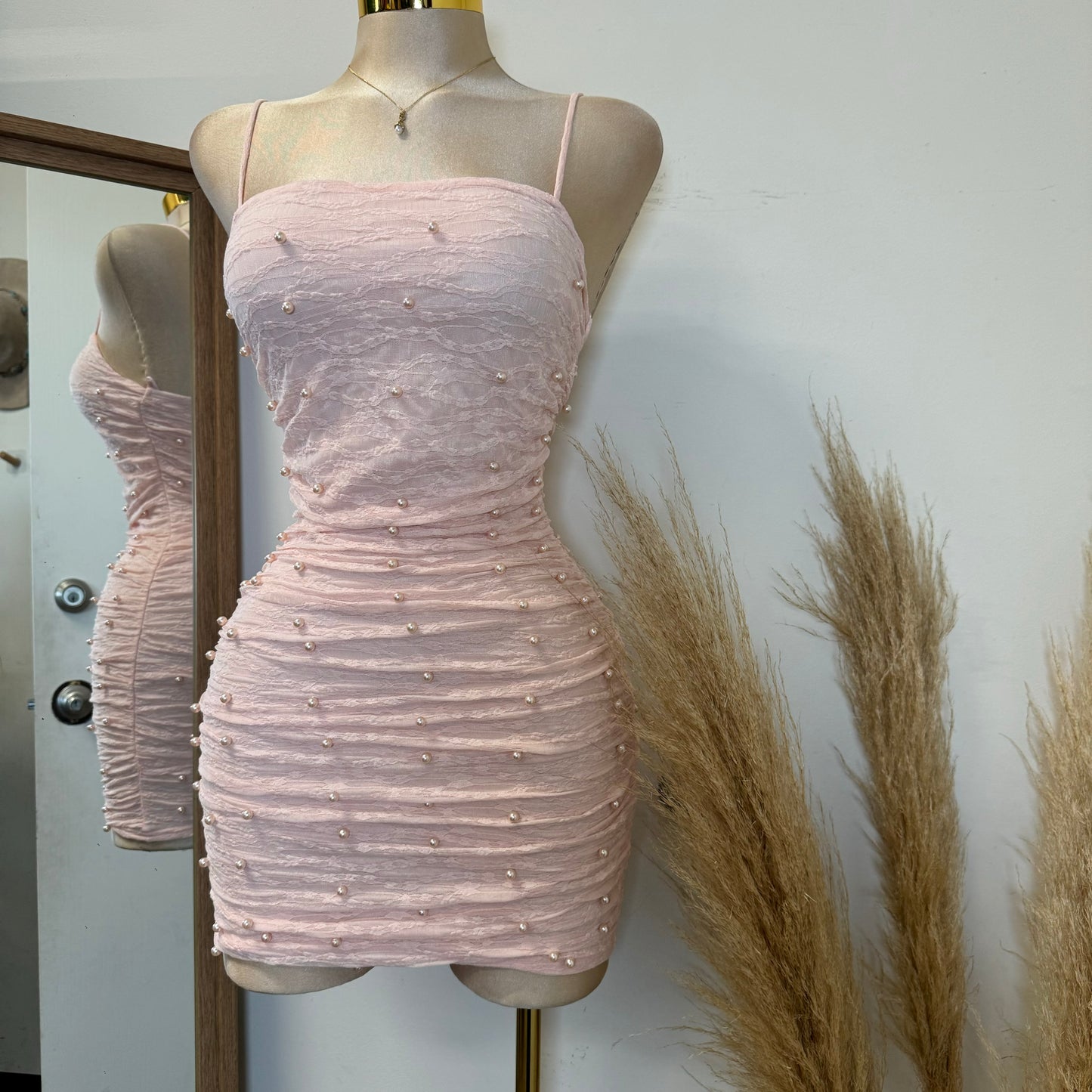 Lace Pearl Dress-Baby Pink