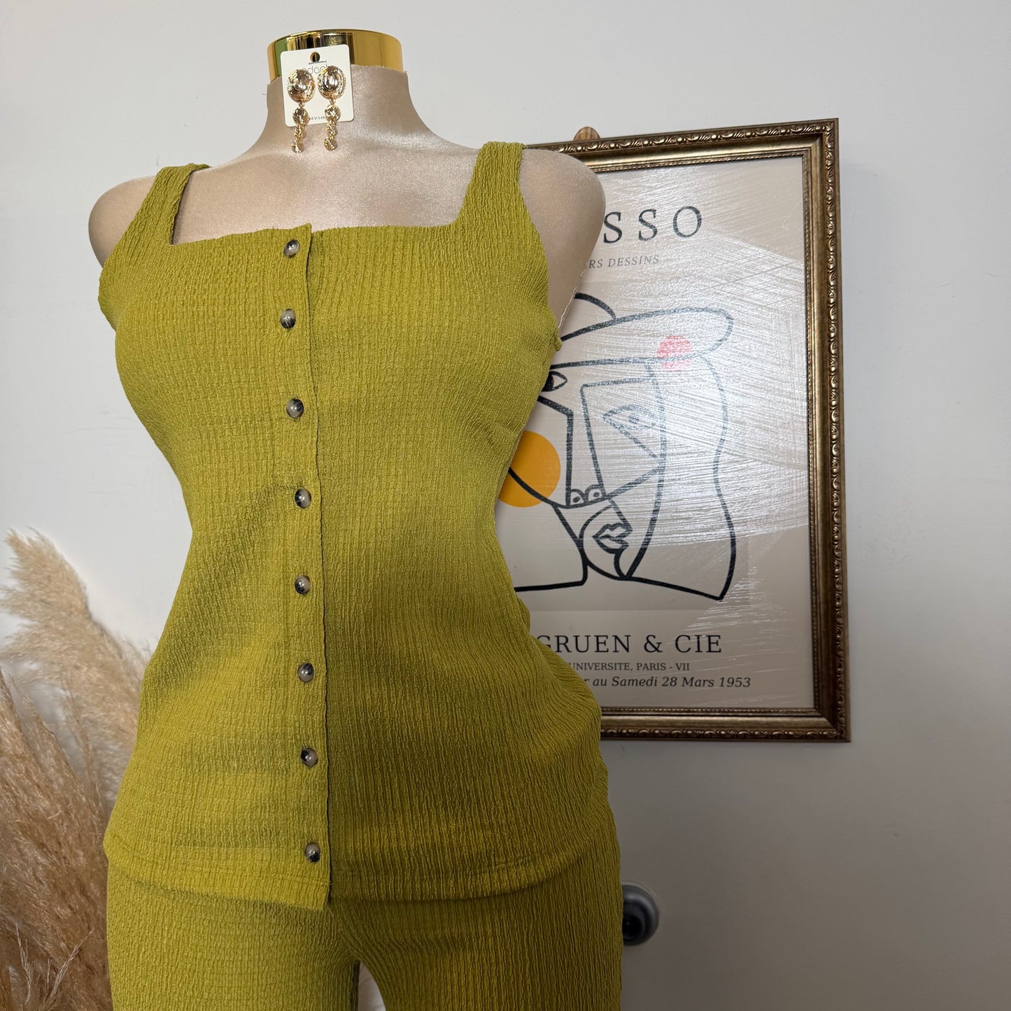 Square neck Vest & Flare Pant set-Green Olive