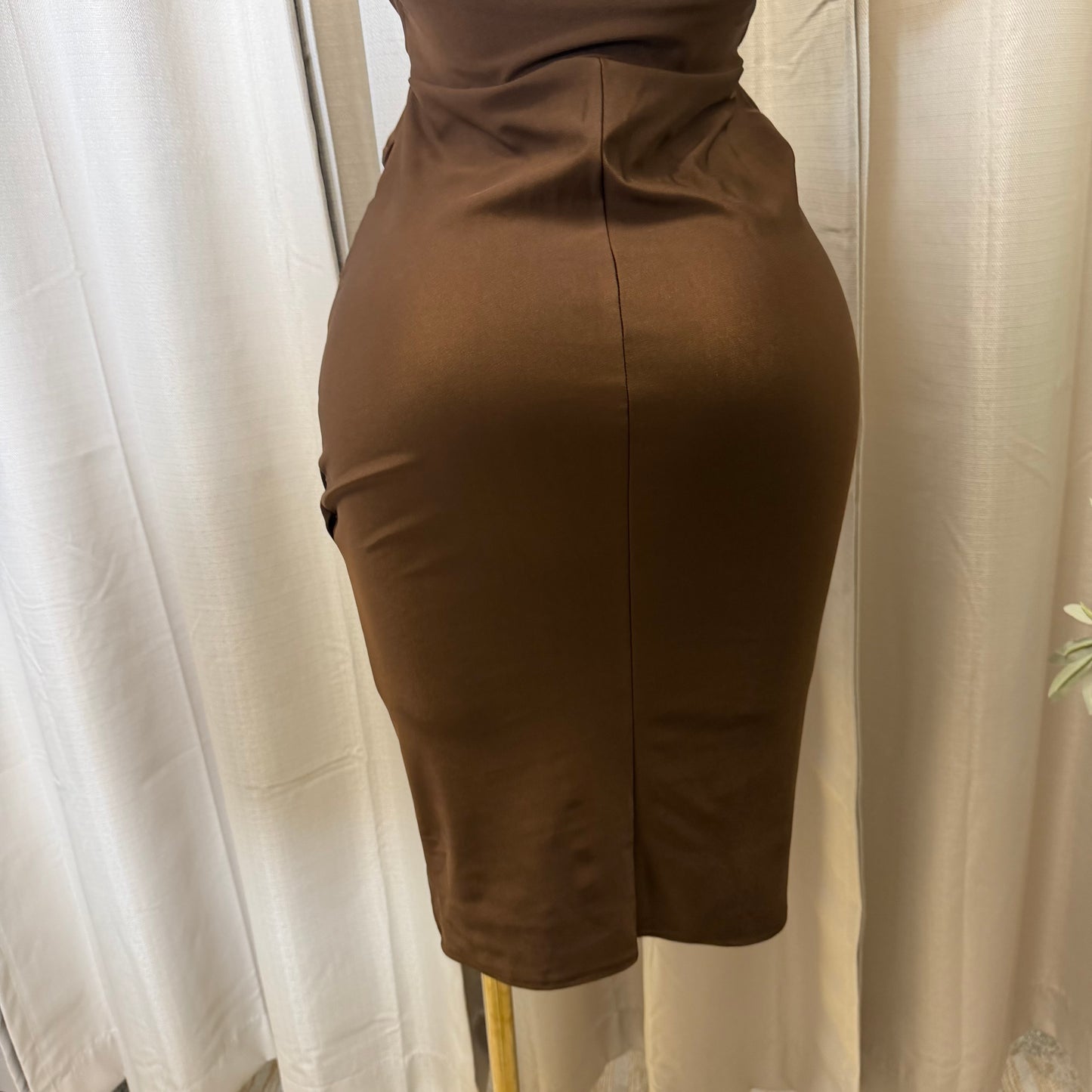 Off Shoulder Midi Dress-Brown