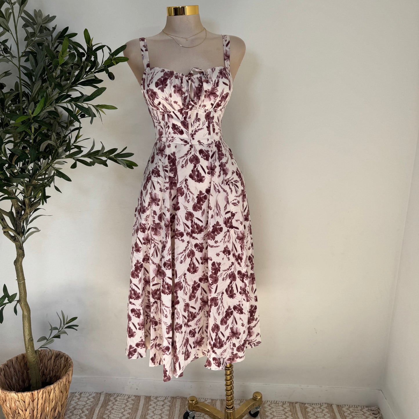 Picnic Corset Midi Dress-Burgundy/Cream