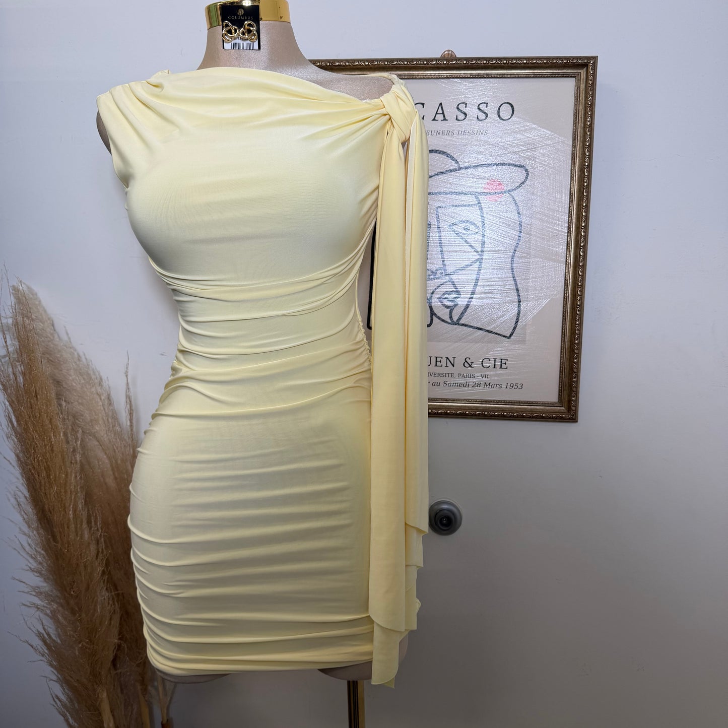 Off Shoulder Ruched Side Tie Mini Dress-LT Yellow