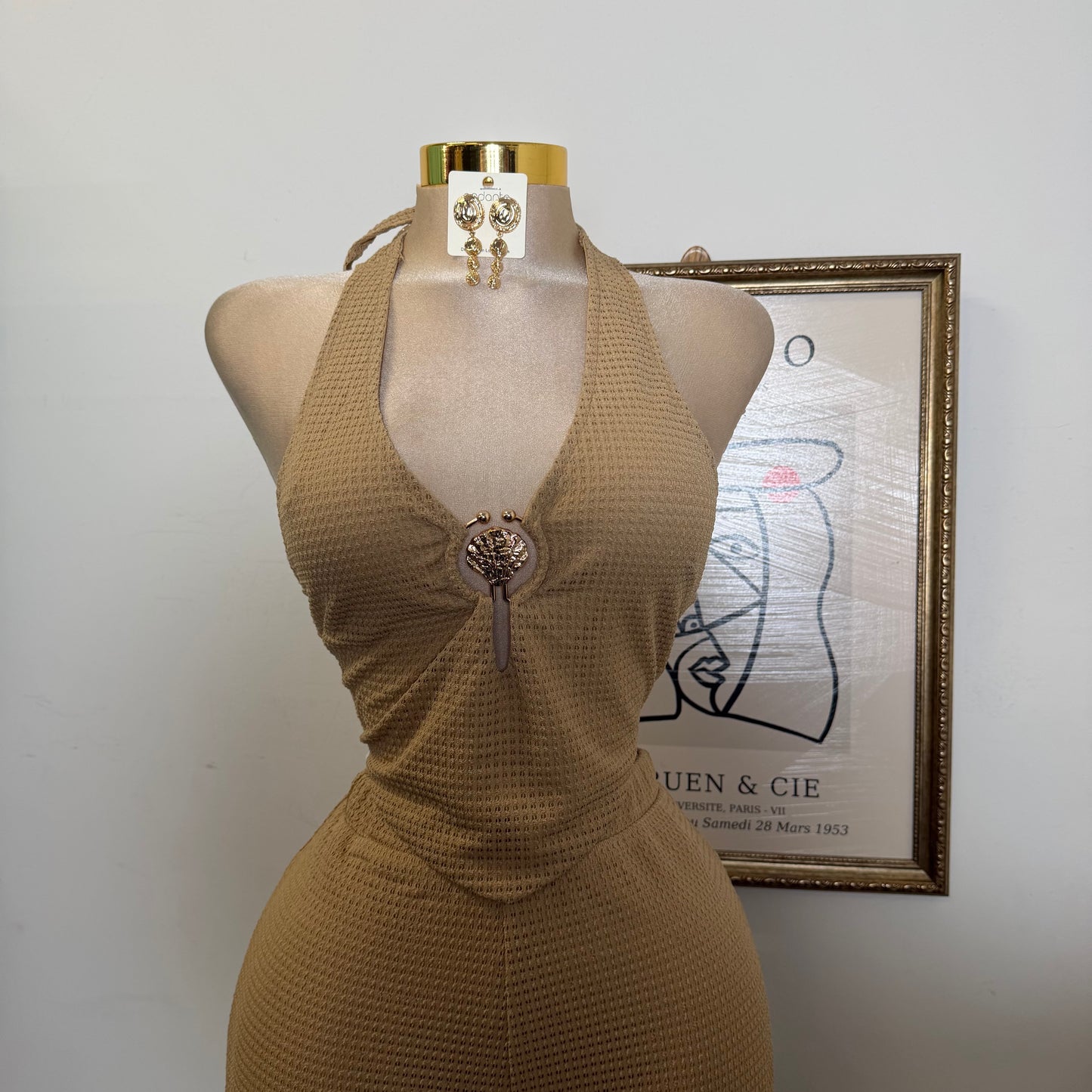 Waffle Knit Seashell Trim Top Wide leg Pant Set-Taupe