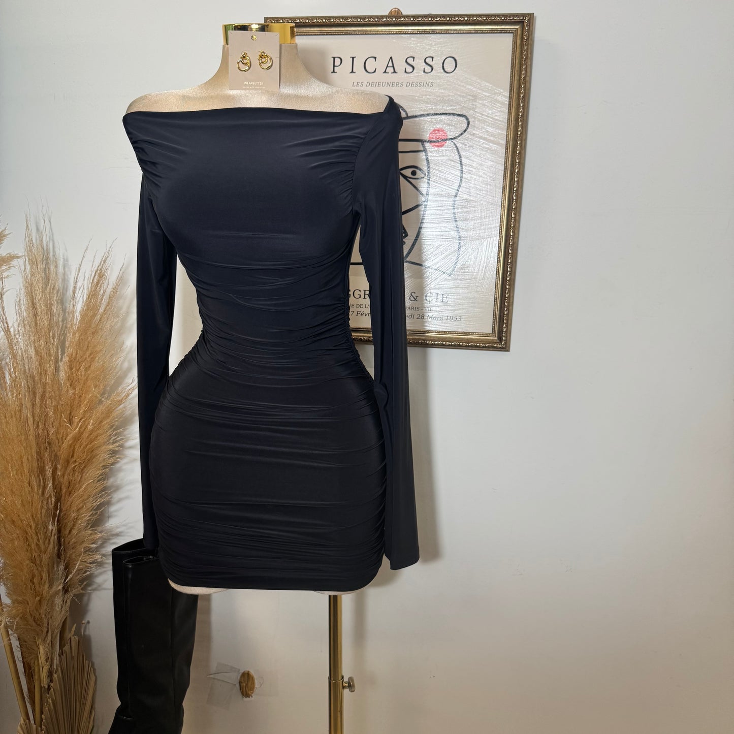 Long Bell Sleeve Boat Neckline Mini Dress-Black