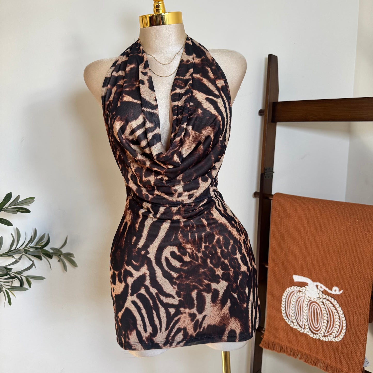 Halter Mesh Dress-Cheetah
