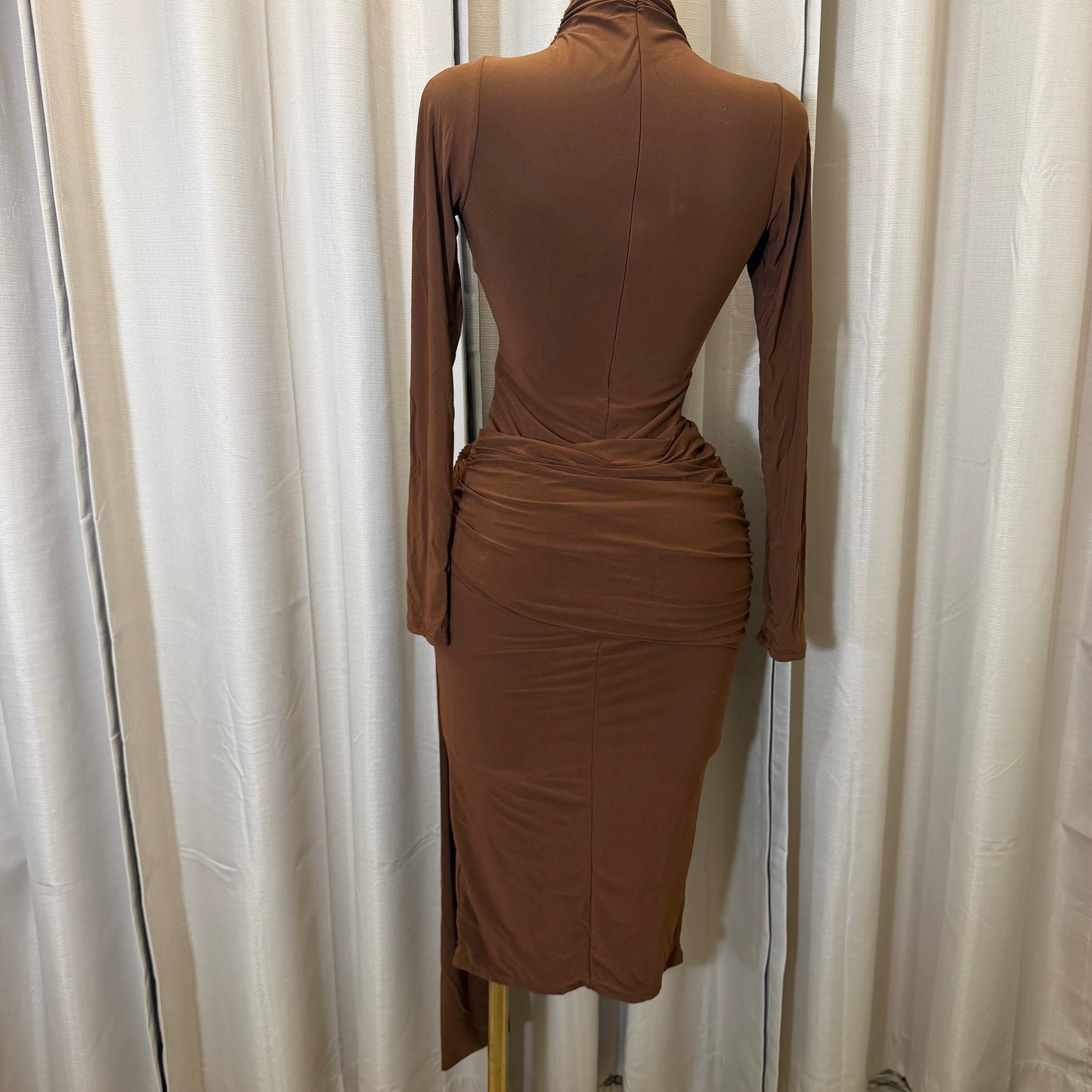Long sleeve  Solid Double Layer Front Sash Midi Dress-Brown