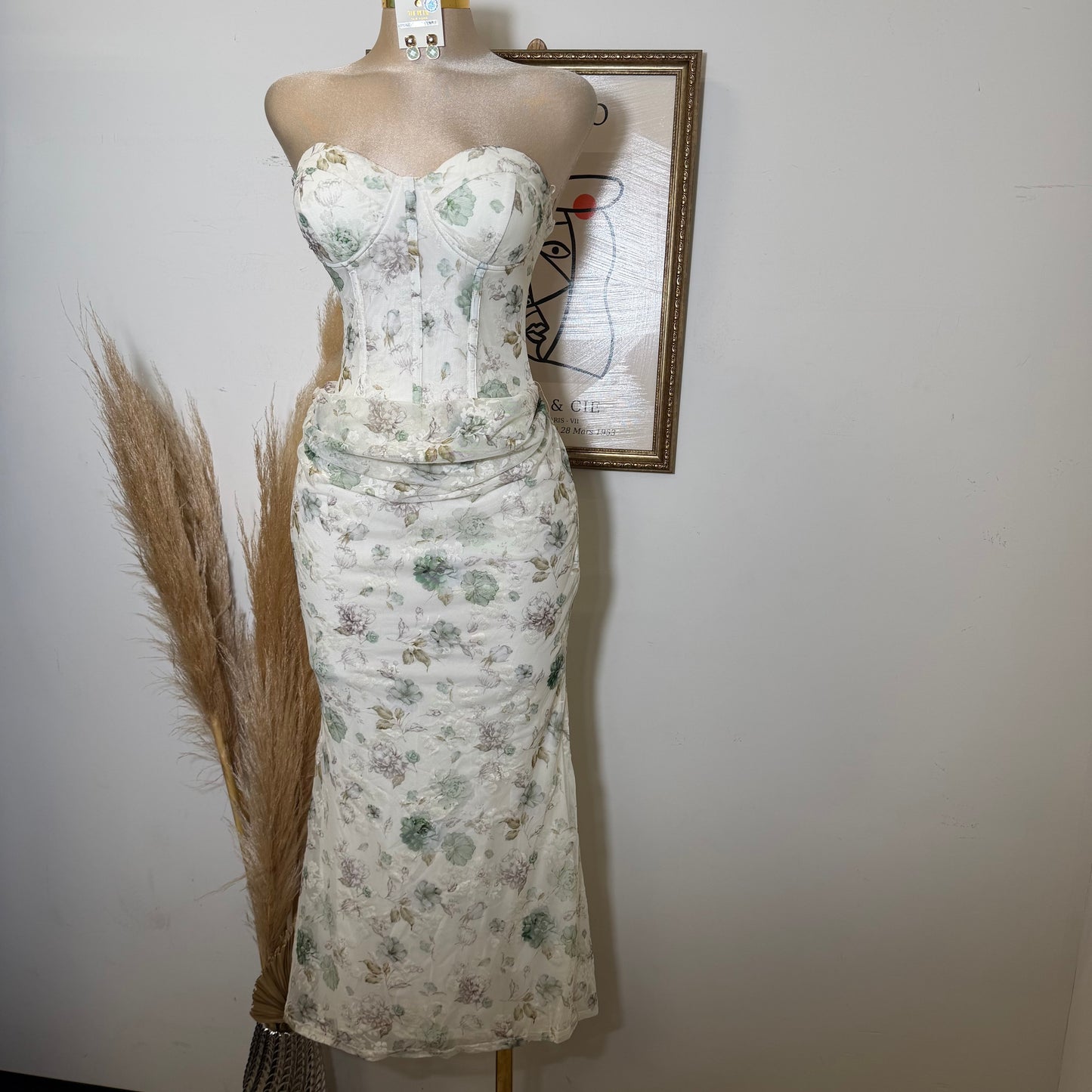 Strapless Floral Print Corset Midi Dress-Green Multi