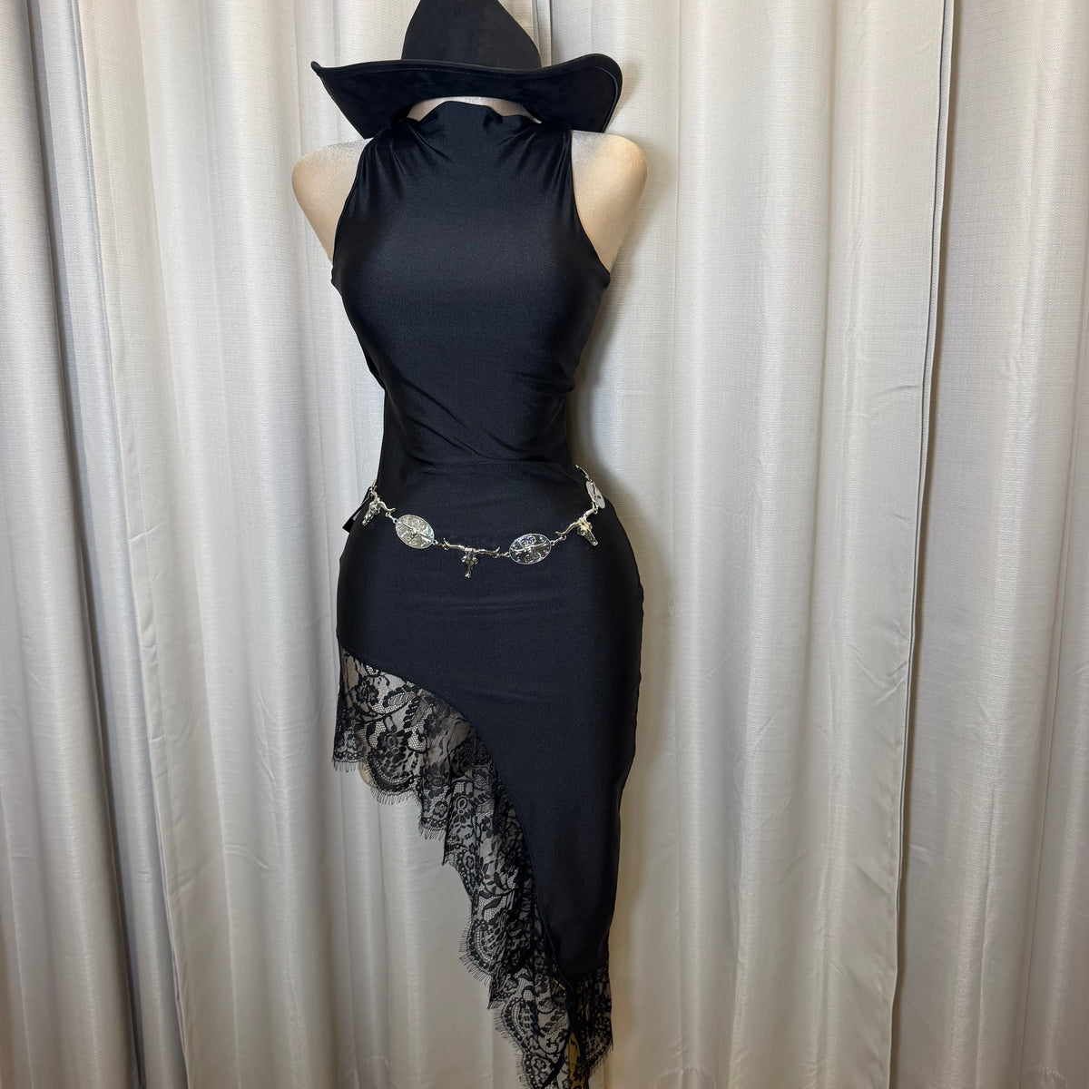 Mock neck Asymmetrical lace Detail Dress-Black
