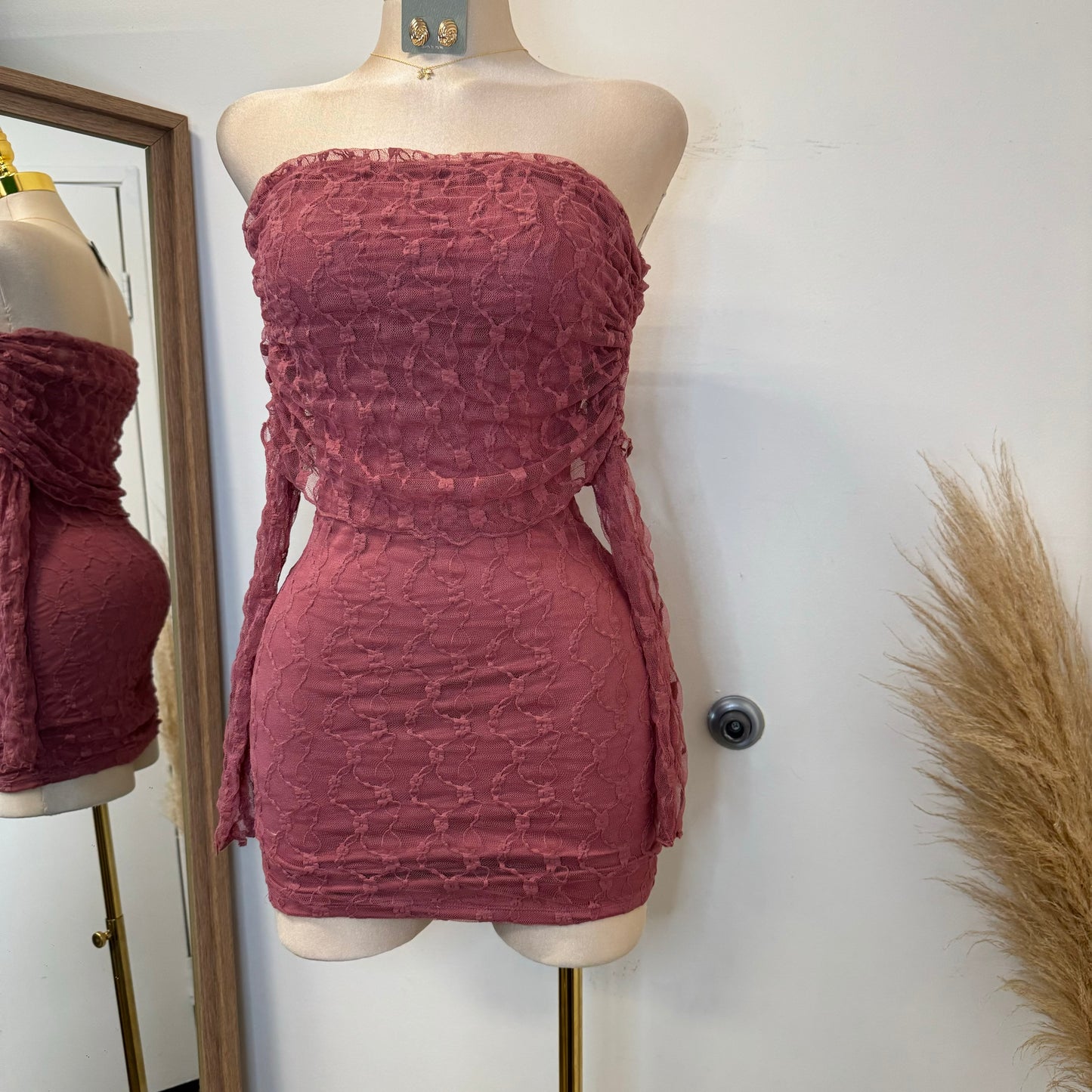 Lace Off shoulder Dress-Pink