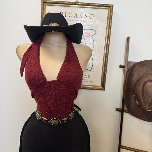 Textured Lace Halter Top-Burgundy