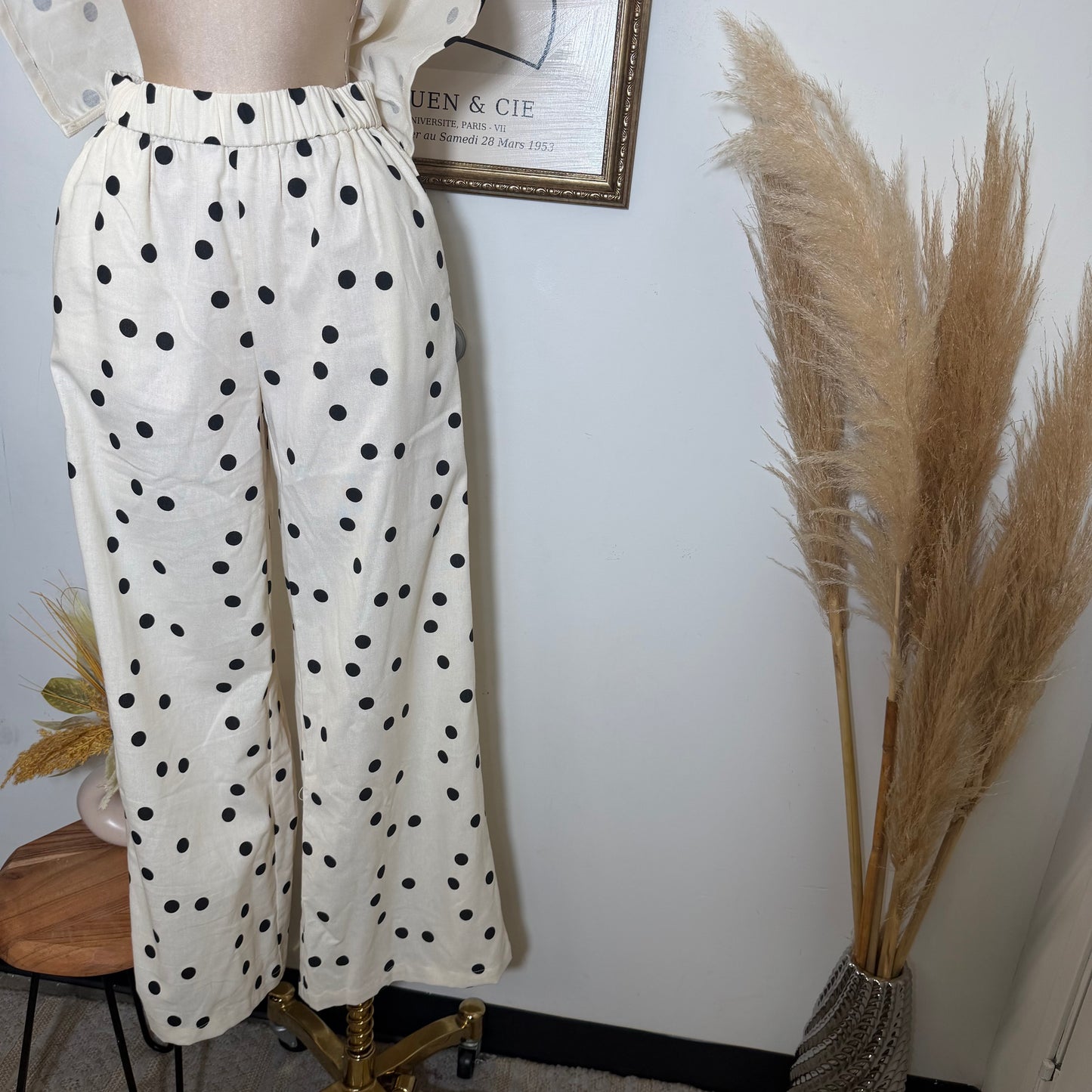 Polka Dot Linen Strapless Pant Set -Cream