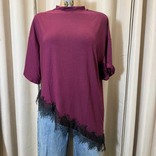 Short sleeve Lace Detail Oversize  Top-Plum with Black