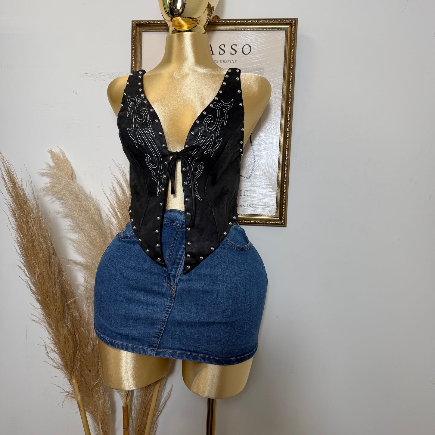 Halter Suede Embroidered Self tie Top-Black