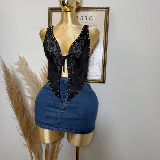 Halter Suede Embroidered Self tie Top-Black