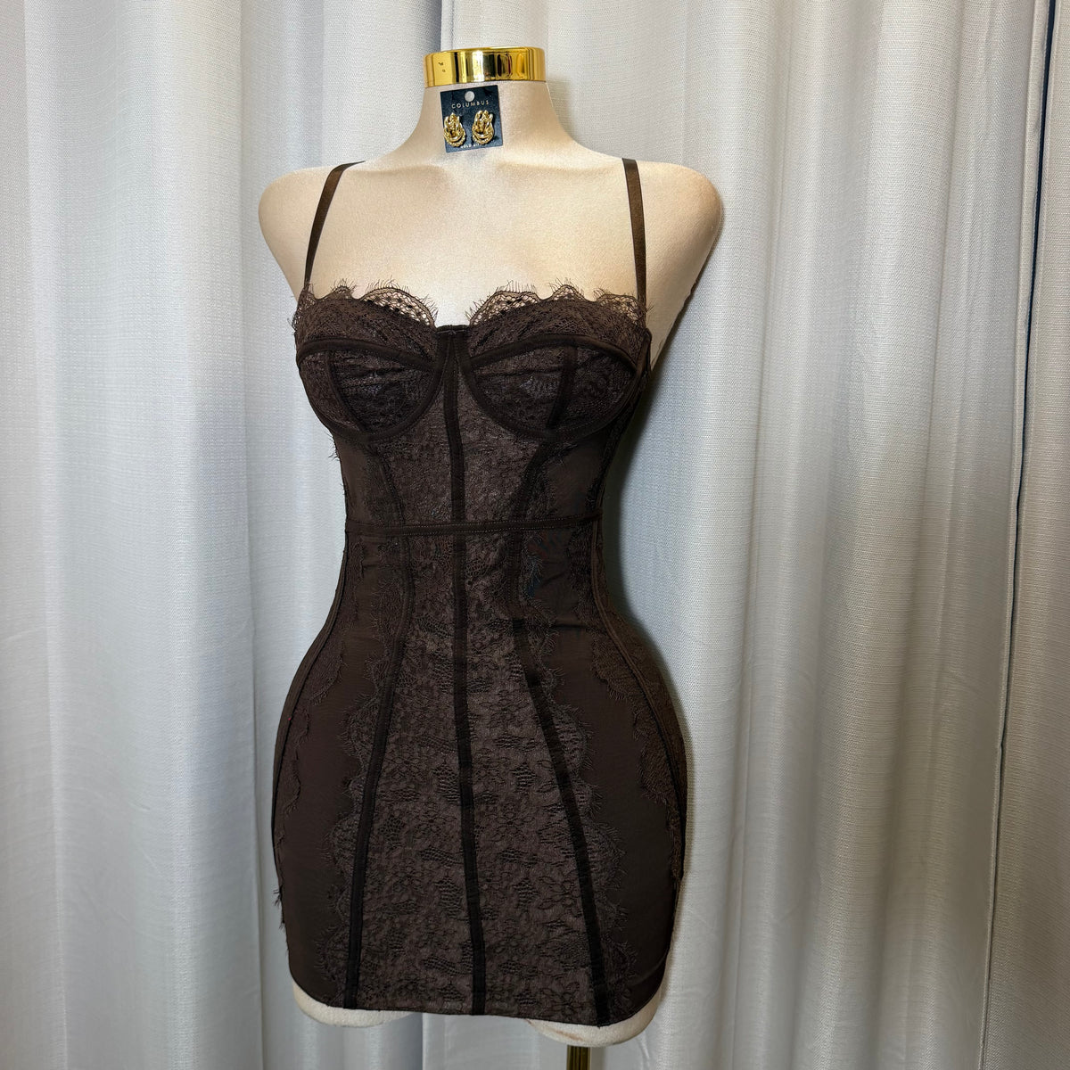 Lace Mesh Dress-Brown