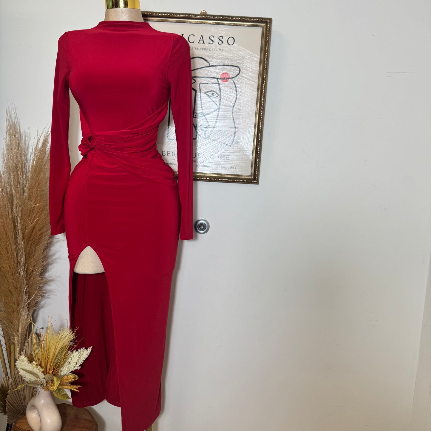 Long Sleeve Open Slit Dress-Red