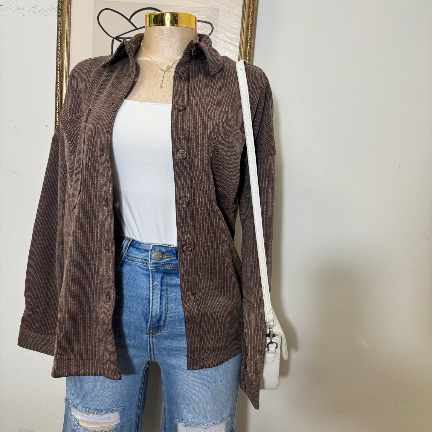 Oversized Pinstripe Collared Button Down Shacket-brown