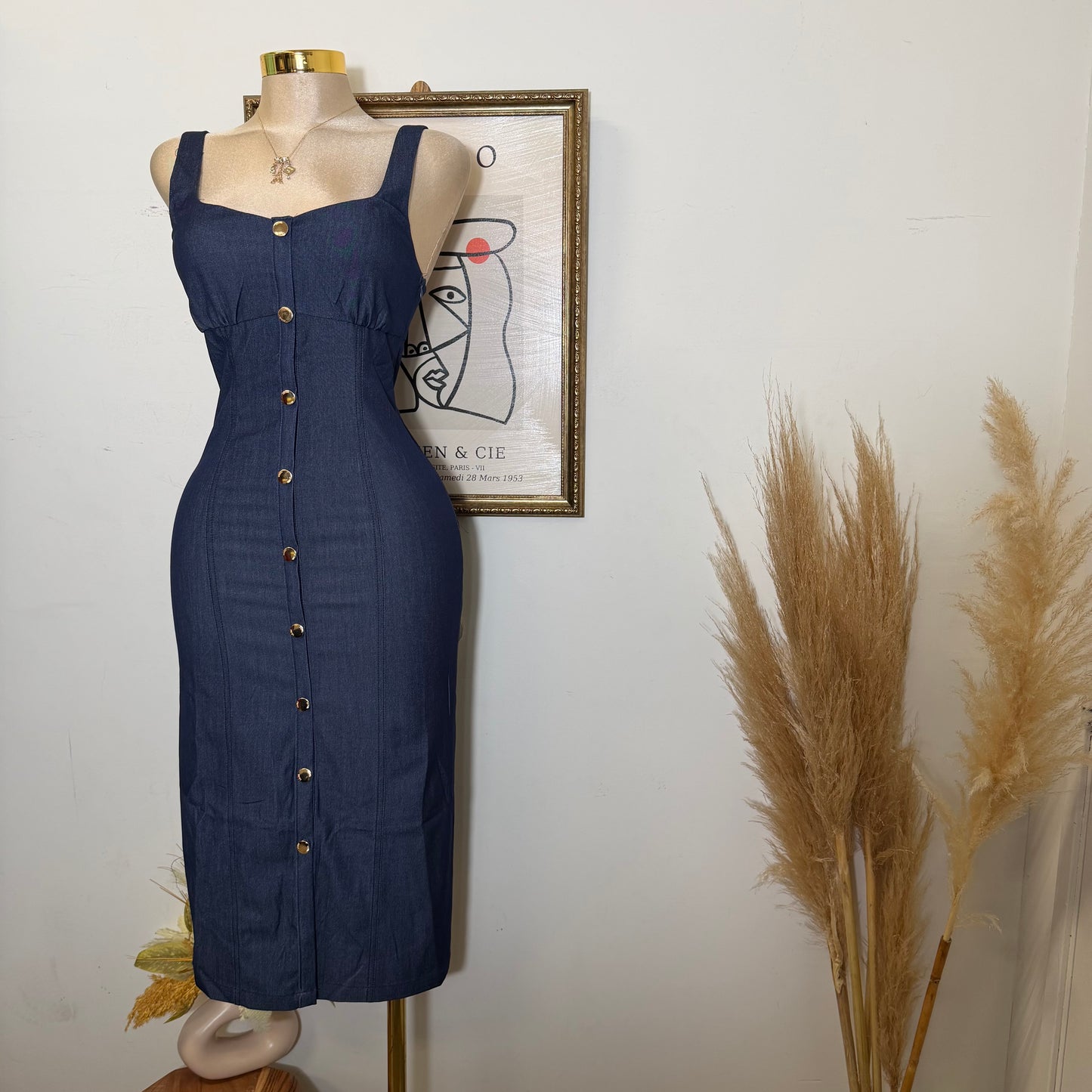 Button-Front Fitted Midi Dress-Indigo