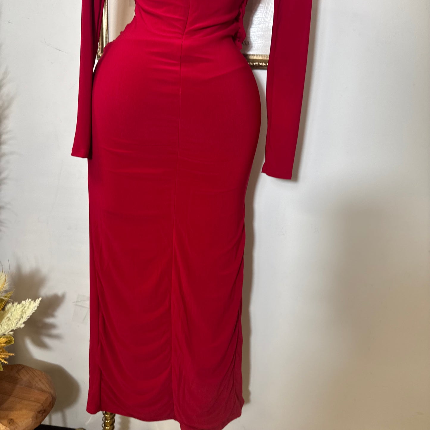 Long Sleeve Open Slit Dress-Red