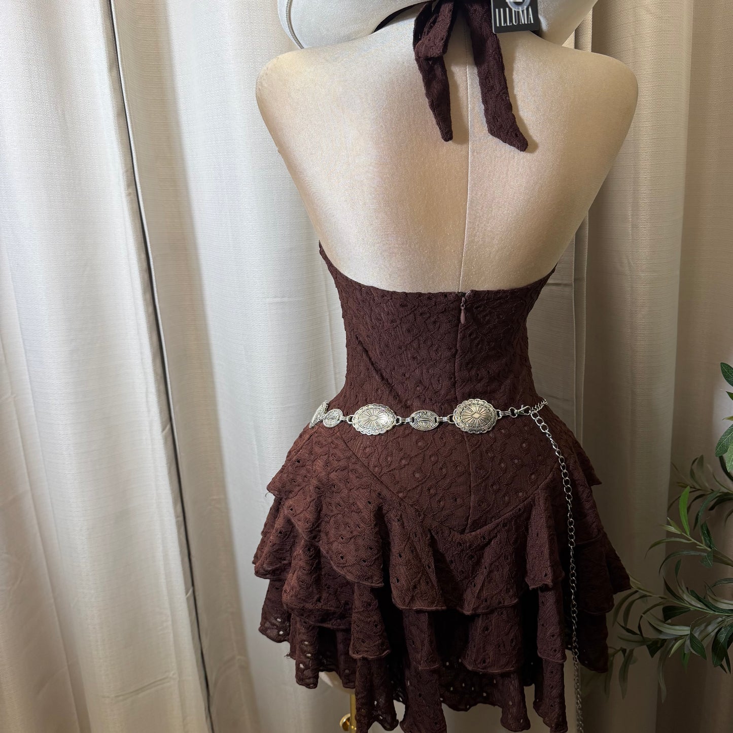Eyelet halter neck Tiered Ruffle Mini Dress-Brown
