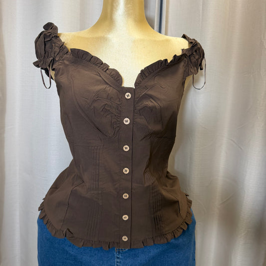 PL-Vneck Cap sleeve Top-Brown