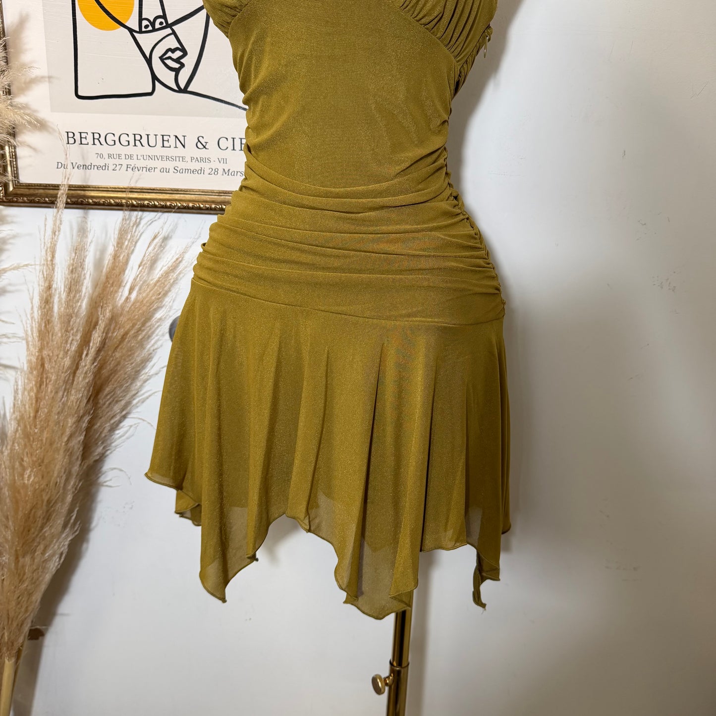 Halter Neck Ruched Waist Asymmetrical Hem Mini Dress-Marigold