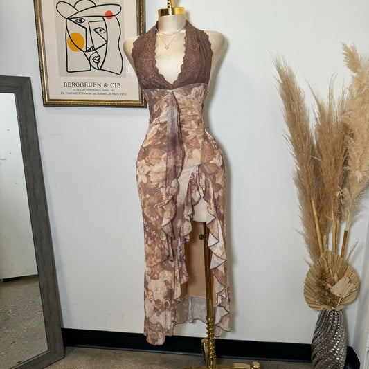 Xio open Slit Dress-Brown