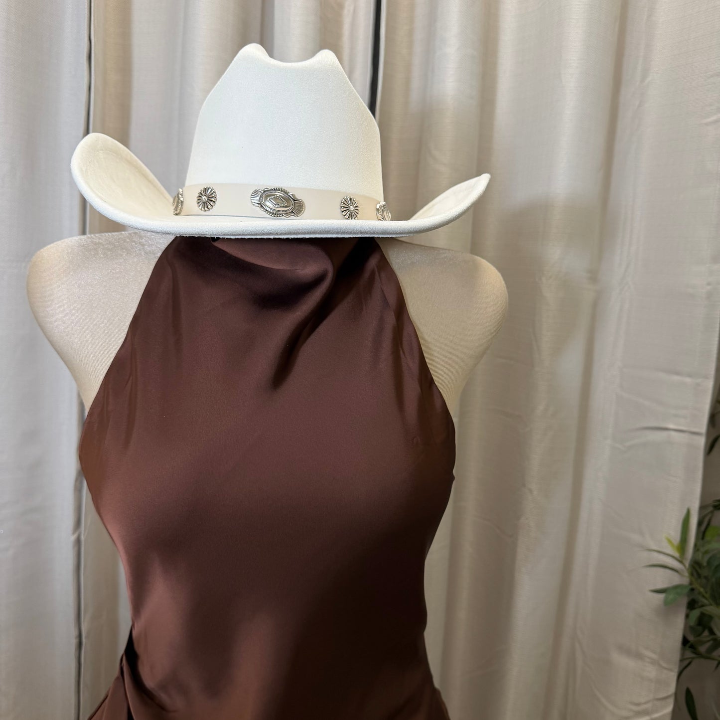 Satin Cowl Halter Neck Dress-Brown