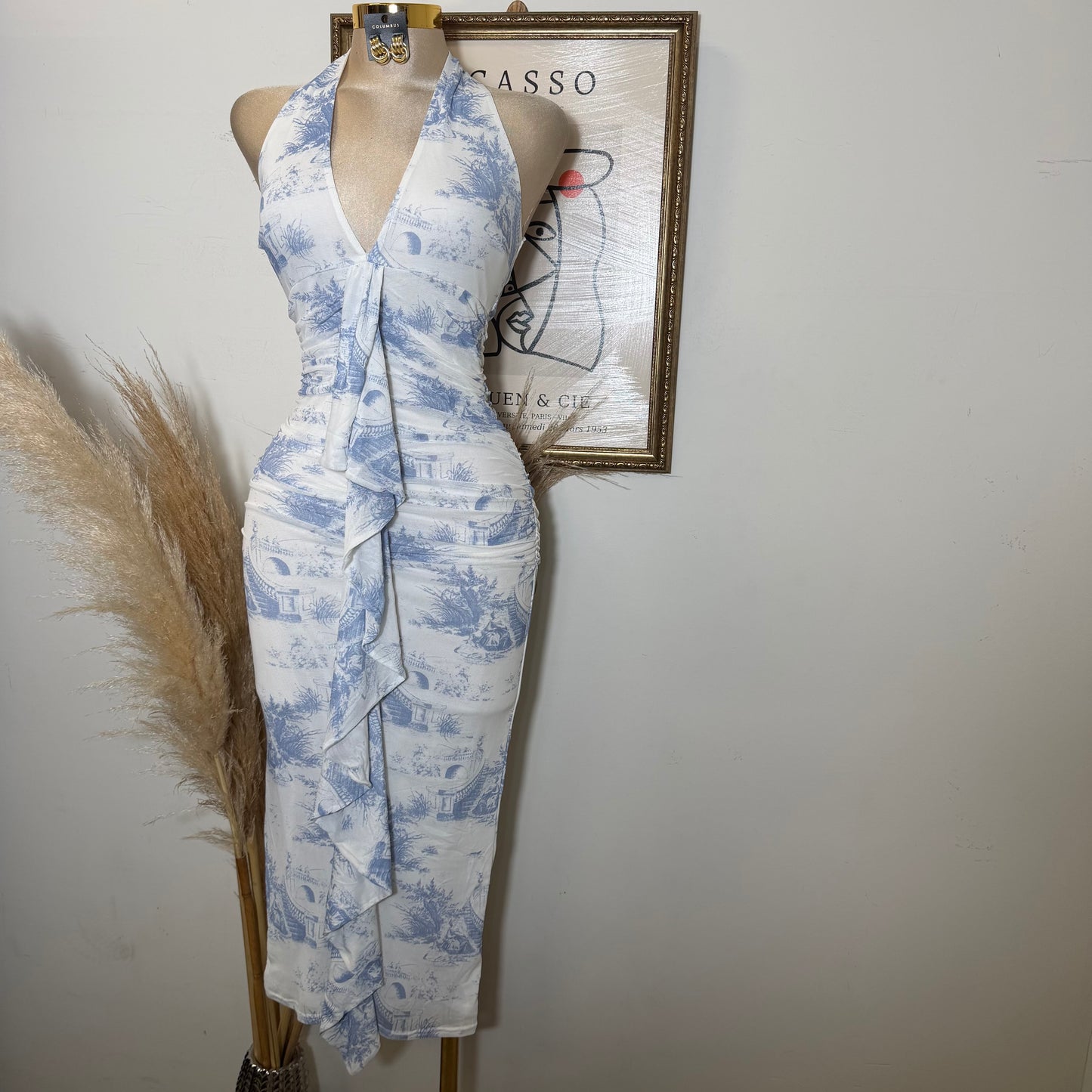 Deep plunge Halter Neck Ruched a-Line Midi Dress-Blue/White