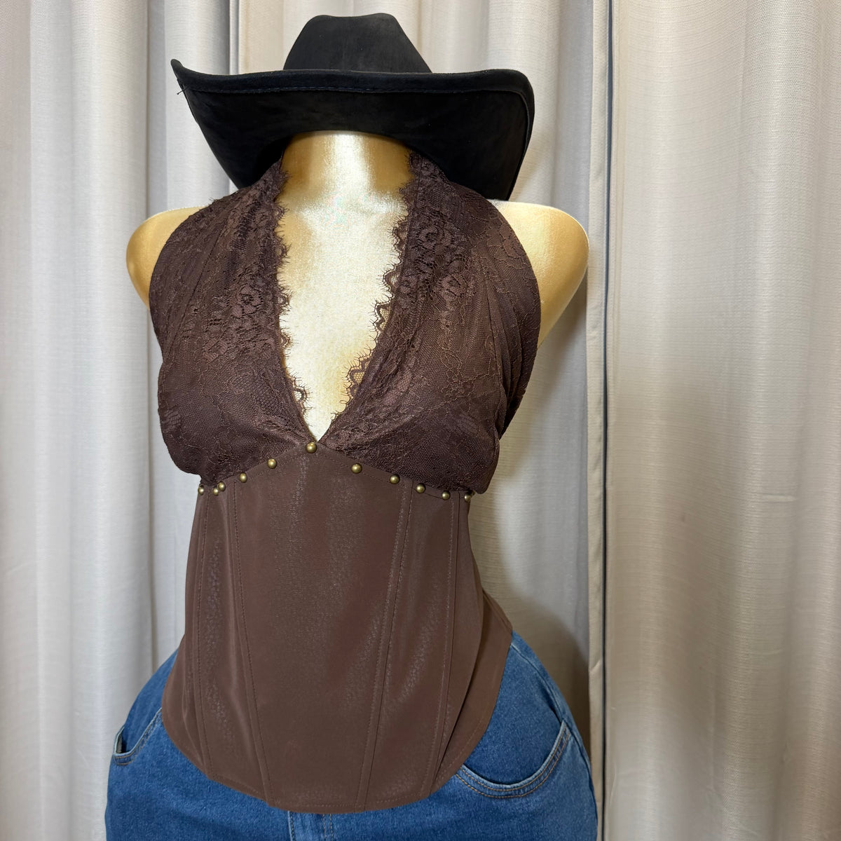 PL Leather Halter Corset Top-Brown