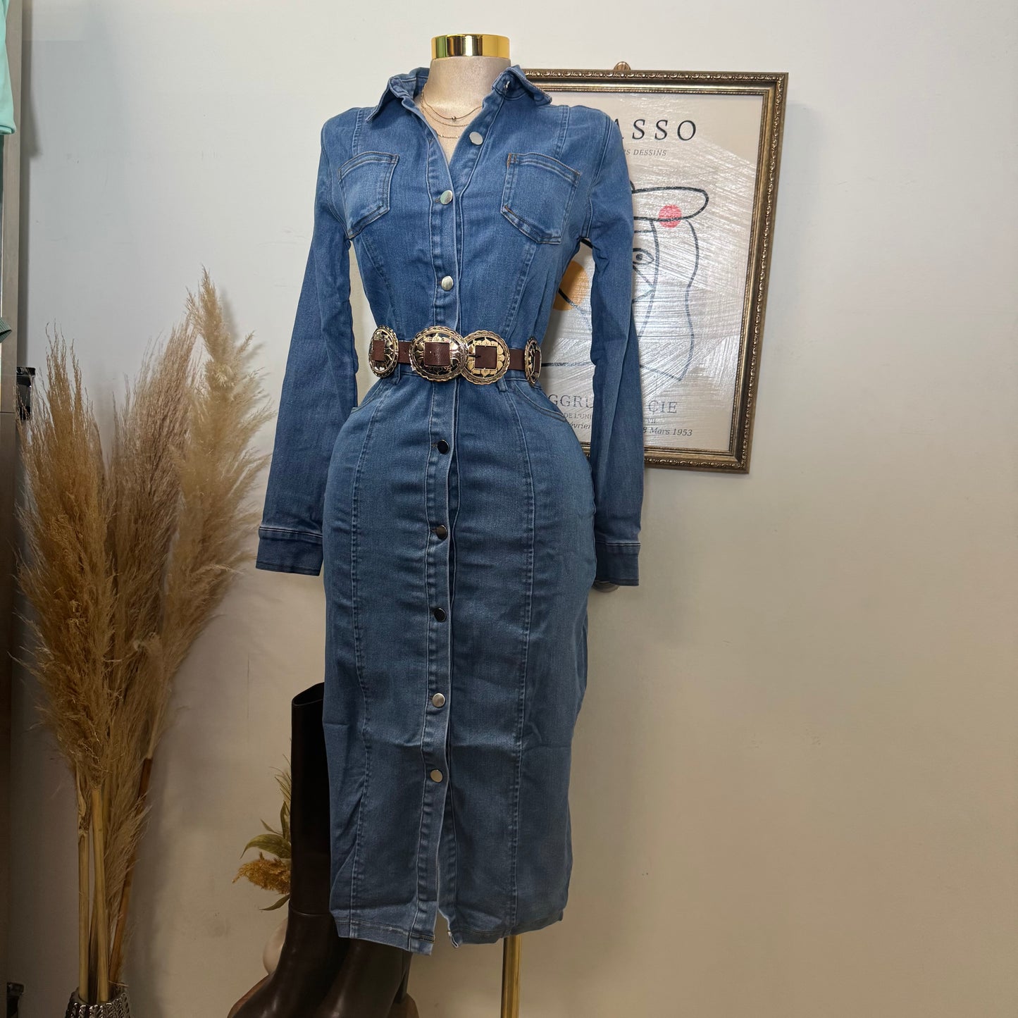 Denim Button Long Dress-Medium Wash