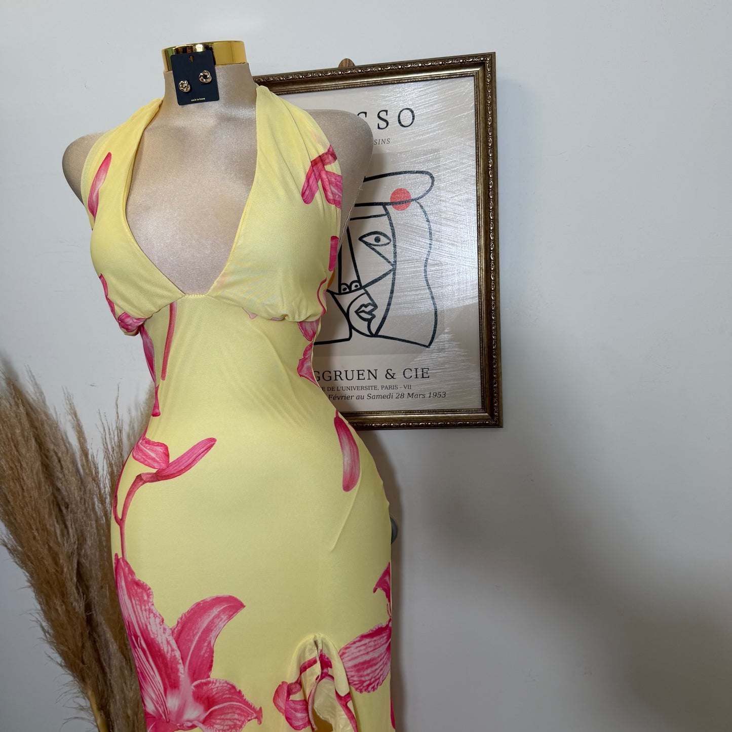 Halter Mesh Open Back Dress-Yellow Combo