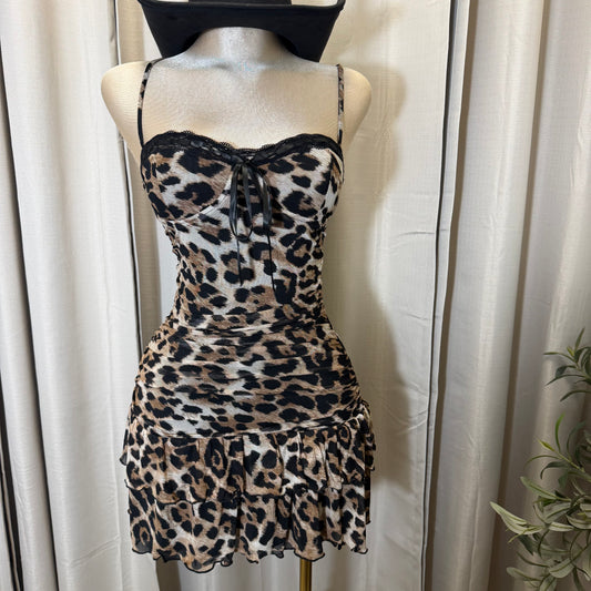 Ruffled Mini Cheetah Dress-Brown