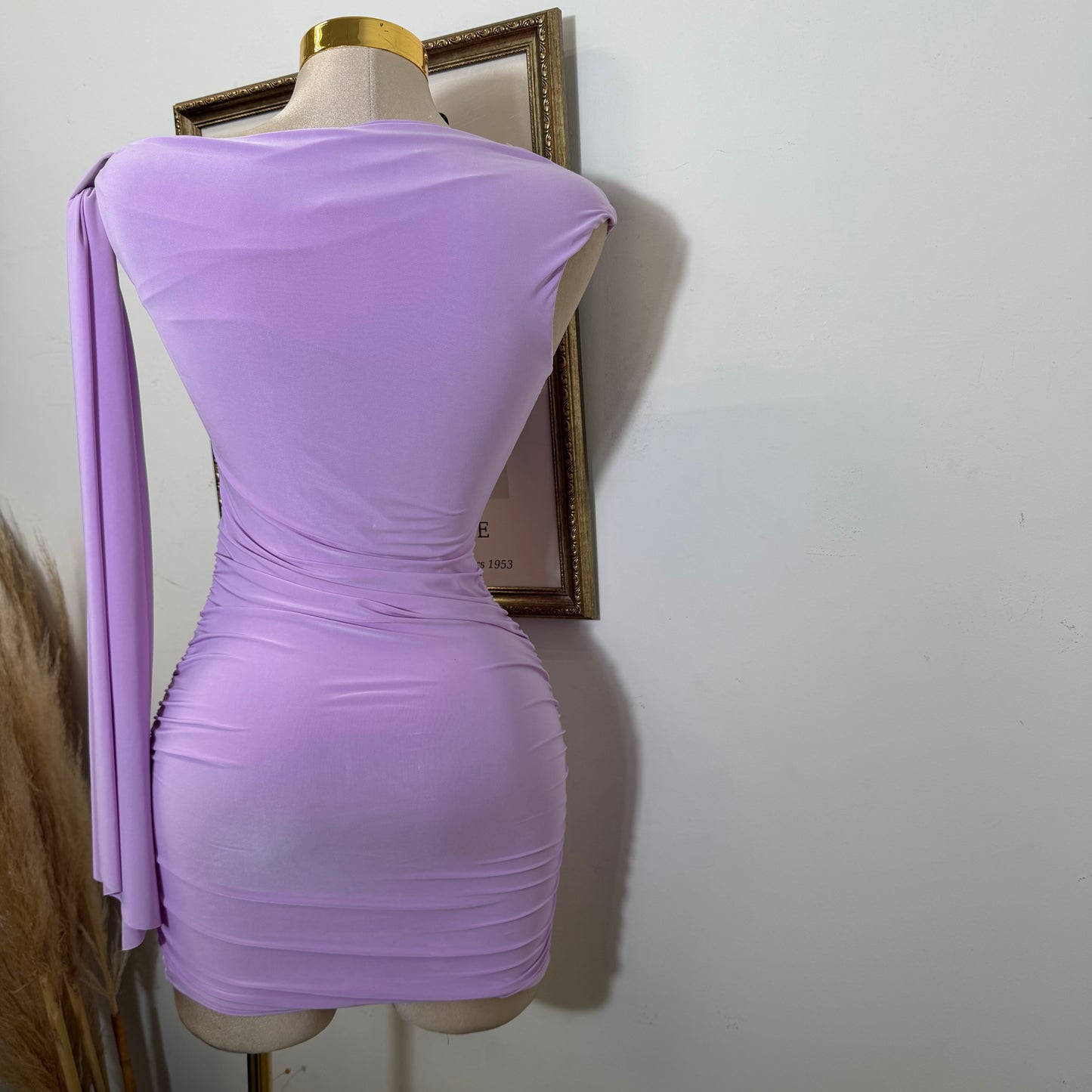 Off Shoulder Ruched Side Tie Mini Dress-Lavander