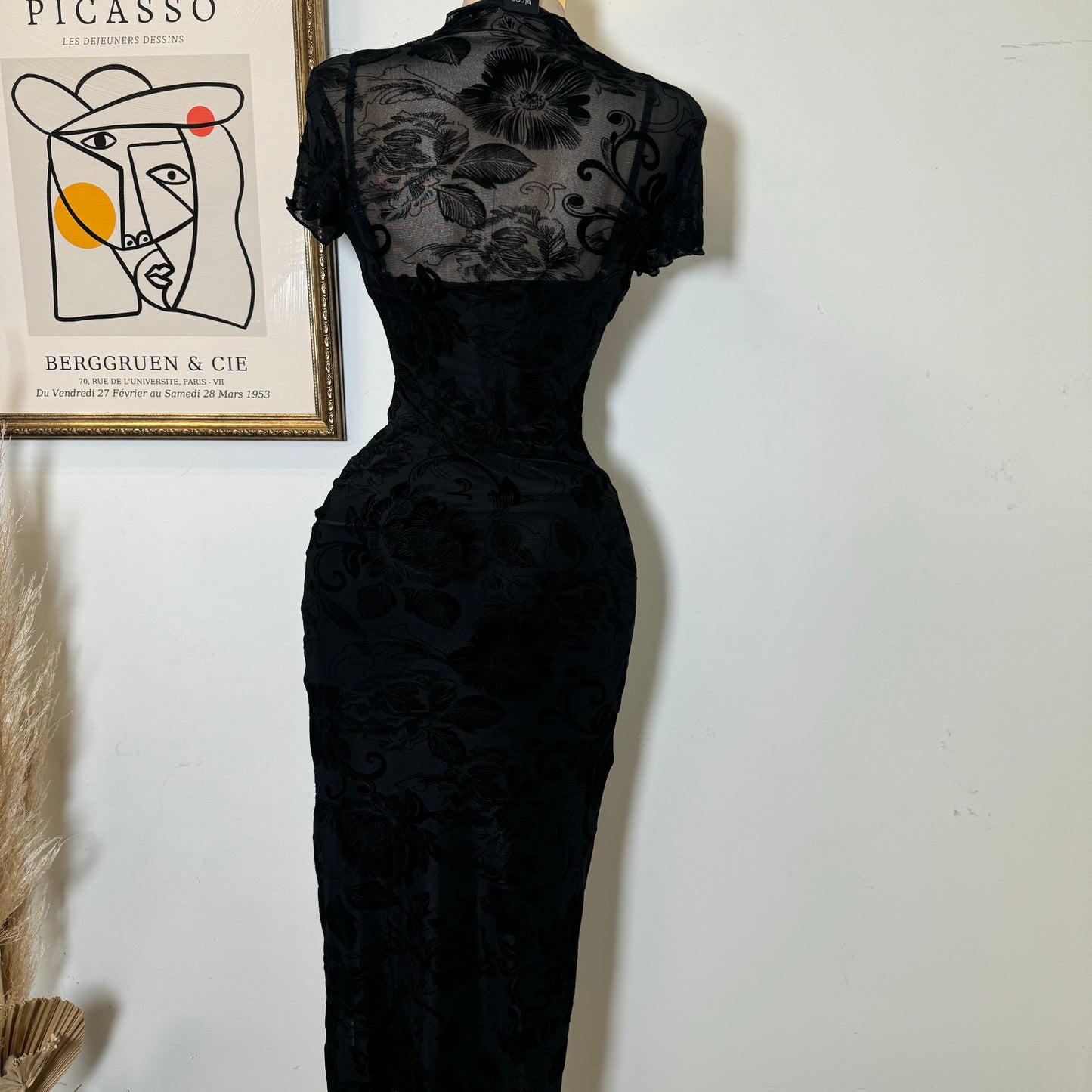 Luxi Mesh Flower Print Dress-Black1